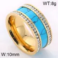 10mm breiter goldfarbener Edelstahlring mit doppelten Pavé-Reihen und Türkis-Inlay - Gold mit Blauem Türkis (KR36846-K)