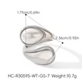 Vue détaillée de la bague goutte en acier inoxydable avec perle, dimensions et poids - Style Larme en Perle Artificielle Blanche (XZ-R30595-WT-GS-7)