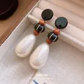 Elegant teardrop earrings featuring acrylic accents, wood beads, and white faux pearls - French Retro Artificial Pearl Style (Silver Earring Post)(30#) / Black-White