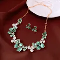 Elegant 14k gold plated green enamel flower necklace and earrings jewelry set - Necklace And Earrings (75#) / Gold-Green