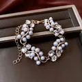 Elegant 14k gold plated link bracelet featuring white pearls and sparkling zirconia crystals - Bracelet (5#) / Gold