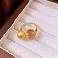 Elegant 14k gold plated open ring featuring a golden pearl and pavé zircon heart - Ring (24#) / Gold