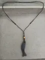 Handcrafted minimalist wooden fish pendant necklace with a black adjustable cord - Curved Fish Style / Dark Coffee