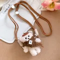 Detailed view of plush bear pendant with brown braided cord and knitted scarf - Beige Bear with Coffee Rope / Beige