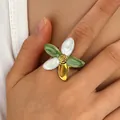 Vintage-style colorful enamel flower stainless steel open ring for women on finger - Five-petal Flower (DZ-461)