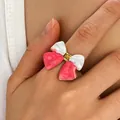 Elegant vintage pink and white enamel bow open ring made of gold stainless steel for women - Bowknot Decoration (10081)