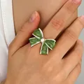 Elegant vintage green enamel bow-knot open ring crafted from high-quality stainless steel - Green Bow Pearl (10267)