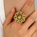 Exquisite gold-tone vintage textured filigree flower ring with open adjustable band on finger - Double Flower Frosted Texture (1733)