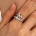 Sparkling double layered silver cross open ring with cubic zirconia stones for women - Pave Double Cross Open Ring (10681) / White Gold