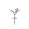 Gothic silver angel wing stud earring with dangling crystal cross and blue stone inlay - Angel Wings Cross (A1645-3#) / Single Piece / Light Blue