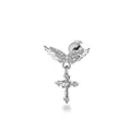 Elegant silver-toned angel wing and cross dangle ear stud piercing with sparkling clear stones - Angel Wings Cross (A1645-1#) / Single Piece / White
