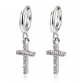 Elegant silver-toned cross hoop earrings adorned with sparkling purple stones and dangling charm - Cross Pink Zirconia (Stick Cross Ear Buckle) / Steel