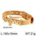 Gold mesh strap bracelet with Greca pattern cross pendant and adjustable buckle strap - Gold
