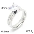 Stainless steel four-prong zircon ring with 8mm stone and 5mm double-grooved band - Size 6 / Silver (KR46202-K)