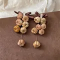 Elegant bohemian zircon ribbon bow drop earrings with unique autumn pumpkin beads. - Silver Earring Post-Gold-Coffee