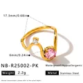 Detailed macro shot of wavy stainless steel ring featuring pink zircon stone and size info - Gold Pink Zirconia