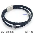 Bracelet pour homme en cuir tressé double couche avec perles en cuivre zircon et fermoir magnétique - Argent