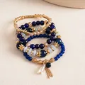 Juego de pulseras de cuentas vintage bohemio azul marino y detalles dorados - Set de 4 piezas / Azul