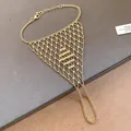 Detailed view of a gold beaded mesh slave bracelet with a delicate finger loop and clasp. - Mesh Structure Style (Style 1)