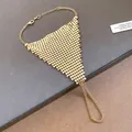 Detailed view of the gold-toned mesh triangular hand harness ring bracelet - Metal Disc Style (Style 11)