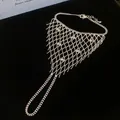 Detailed view of an elegant silver hollow mesh hand chain with fringe and sparkling crystals - Style 8