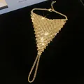 Close-up detail of gold triangular mesh slave bracelet hand chain with finger loop - 11# Bracelet