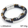 Bracelet en cuir pour homme avec perles oeil de tigre et fermoir magnétique en acier - Marron