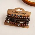 Vintage ethnic style 5-piece wooden beaded elastic bracelet set with metal accents - Brown Round Style