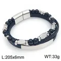 Bracelet homme en onyx noir et cuir avec fermoir magnétique en acier titane - Noir