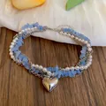 Collier multicouche élégant en perles et pierres avec pendentif cœur argent - Collier Argent Blanc Bleu