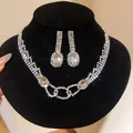 Close-up of sparkling rhinestone necklace and oval pendant earrings for banquet - Necklace and Earrings Set / Two-Piece Set / Silver-White