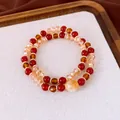 Bracelet double couche en œil de tigre et perles de cristal rouge et or pour femme - Café-Rouge (10mm)