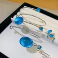 Élégant ensemble de bracelet de bras et bague en argent de style bohème avec pierres bleu vif - Bleu Set / Ensemble deux pièces / Argent