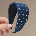 Vintage donkerblauwe suède haarband met gouden sterren en zilveren stippen accent - Blauw
