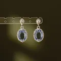 Detailweergave van elegante ovale blauwe zirkoon oorbellen met zilveren naald - Ovale Stijl (HE35562) / Blauw