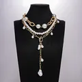 Gelaagde vintage parelketting met elegante gouden kettingen en parel OT-sluiting - Vintage 3-delige Kettingset (HN13321) / Goud en Wit Patchwork