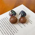 Vintage heart-shaped abalone shell and dark wood ball drop earrings for elegant women - Brown-Green