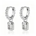 Elegante roestvrijstalen kogelkraal oorbellen met rechthoekige zirkoon - Kralen Oorgespsluiting (Witte Zirconia) / Staalkleur