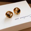 Elegant vintage gold-tone irregular round stud earrings with pearl and zircon inlay - Gold Brown