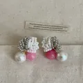 Elegant handmade beaded cluster earrings featuring pink marble stone and white pearl detail - Silver Needle-White-Pink