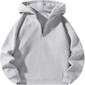 Close-up detail of the grey oversized quarter-zip hooded sweatshirt with ribbed cuffs. - S / Tops / Light Gray