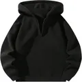 Close-up of black quarter-zip hooded sweatshirt with warm fleece lining - S / Tops / Black