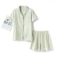 Elegantes Damen-Schlafanzug-Set aus Baumwolle mit hellgrünem Karomuster und Shorts - S / Oberteil Und Unterteil / Kurze Ärmel und Kurze Hose / Hellgrün Kariert