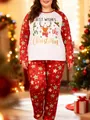 Detailed view of plus size Christmas pajamas with festive reindeer and star pattern. - 1XL / Top And Bottom / Red and White