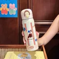 Süße Cartoon-Katze Vakuum isolierte Thermosflasche in Creme mit Streifenmuster für Mädchen - 500ml / Braun Gestreifter Kätzchenstil (182)