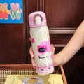 Süße rosa Thermo-Trinkflasche aus Edelstahl mit Katzenmotiv für Schüler und Mädchen - 500ml / Rosa Blumenkätzchenstil (182)