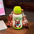 Cute children's stainless steel water bottle with bear print and portable strap - 500ml / Green (Bear)