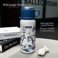 Vintage horse print insulated water bottle with cup lid, 620ml Capacity - 620ml / White Blue Print-Cup Lid Style (X-408W)