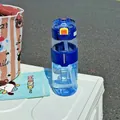 Durable blue plastic sports water bottle with straw and flip-top lid outdoors - 540ml / Blue