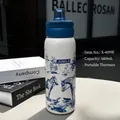 680ml portable stainless steel vacuum flask with blue artistic horse print pattern - 680ML / White Blue Print-Straw Type (X-409W)